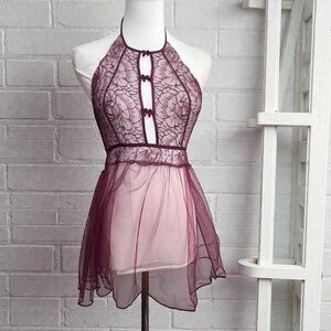 Victoria’s Secret Burgundy Lace Babydoll Lingerie – Sheer Halter Nightie S